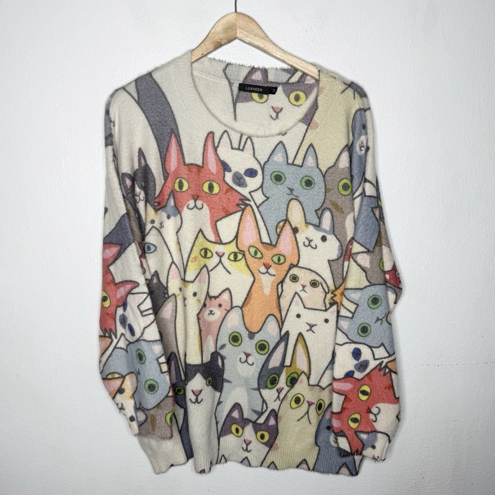 Multicolor Cat Print Crewneck Sweater - Cream